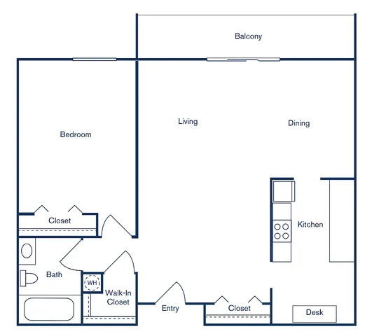 Modern 1-bedroom floor plan with open living and dining area, spacious balcony, and convenient kitchen layout spanning 760 sq ft.