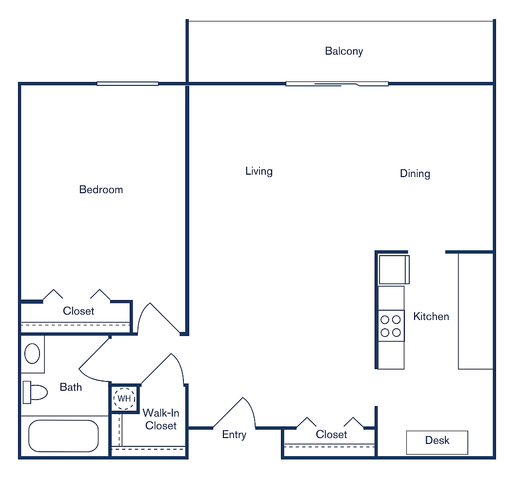 Modern floor plan showcasing a spacious 1-bedroom apartment with open living and dining area, kitchen, bath, entryway, and balcony in 760 sq ft.