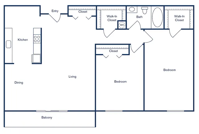 Modern floor plan with 2 bedrooms, spacious living and dining area, kitchen, and balcony, all within 1,006 sq ft.