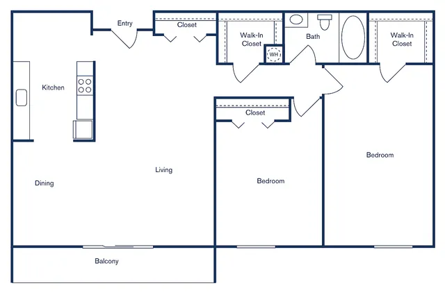 Elegant floor plan featuring 2 bedrooms, 1 bath, open kitchen, dining, living area, and inviting balcony, spanning 1,006 sq ft at 21 Kristin Apartment Homes.