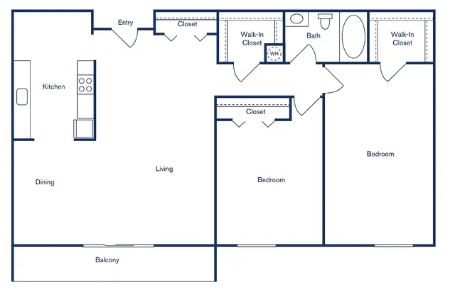 Elegant 2D floor plan of 21 Kristin Apartment Homes, featuring 2 bedrooms, 1 bath, and an open dining and living area with a balcony, spanning 1,006 sq ft.