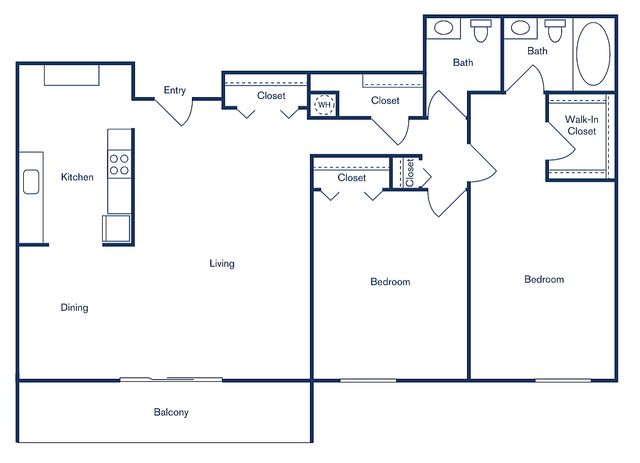 Modern floor plan of a 2 bed, 2 bath apartment spanning 1,036 sq ft, featuring an open living area, spacious kitchen, and private balcony.