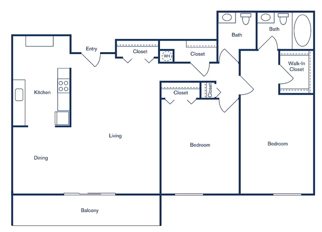 Modern floor plan featuring 2 spacious bedrooms, 2 baths, open kitchen and living area with balcony, covering 1,036 sq ft.