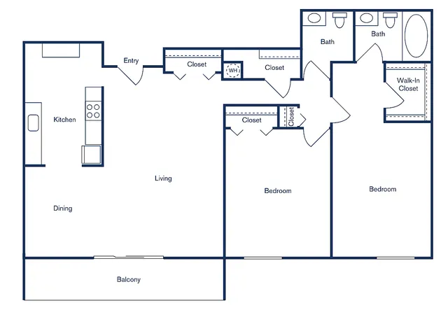 Modern floor plan of a 2 bed, 2 bath apartment featuring a spacious living area, kitchen, and balcony, totaling 1,036 sq ft.