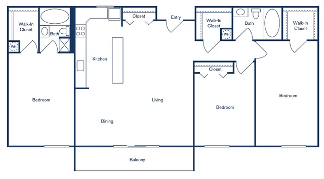 Modern 3-bedroom, 2-bath floor plan with spacious living area, stylish kitchen, and private balcony, encompassing 1,250 sq ft at 21 Kristin Apartment Homes.