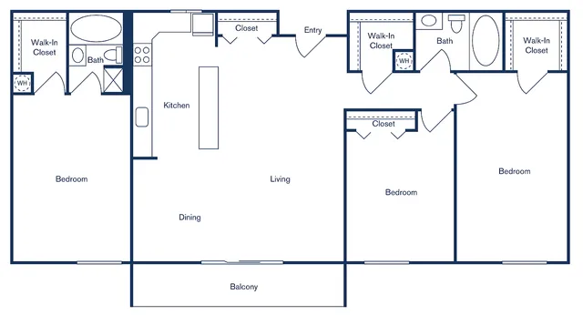 21 Kristin floor plan displaying a spacious 3-bedroom, 2-bath apartment with an open kitchen, ample living area, and a relaxing balcony, totaling 1,250 sq ft.