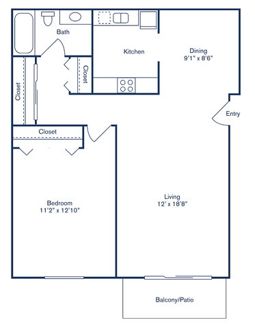 Plan A floor plan for Andover Park Apartment Homes, showcasing a 1 bedroom, 1 bath layout with a spacious living area, kitchen, dining space, and a balcony/patio, totaling 650 sq ft.
