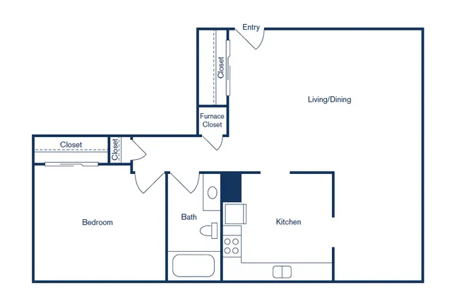 Spacious 1-bedroom floor plan featuring a spacious living/dining area, and well-equipped kitchen, .