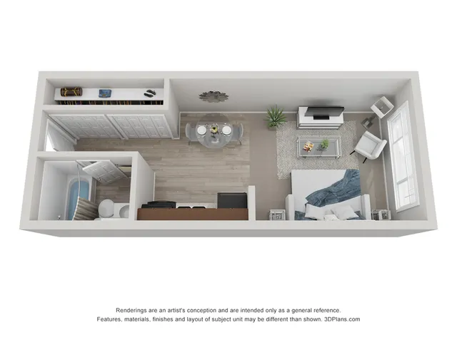 Studio apartment floor plan with an open-concept living area, compact kitchen, and stylish bathroom. Features include a cozy seating area and natural light through large windows.