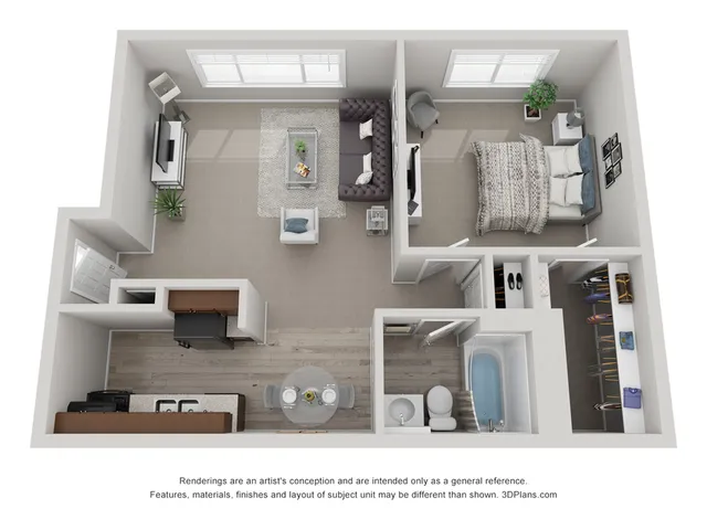 1 bedroom floor plan showcasing a cozy one-bedroom apartment with an open living area, stylish kitchen, and elegant bathroom.