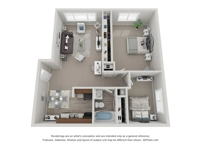 2 bedroom floor plan showcasing a cozy 2-bedroom apartment with an open living room, elegant dining area, and a sleek kitchen