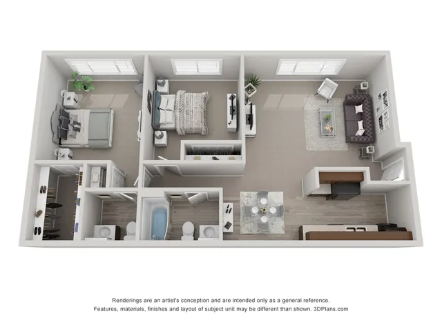 2 bedroom floor plan showcasing two elegant bedrooms, a cozy living room, and a fully equipped kitchen with a dining area.