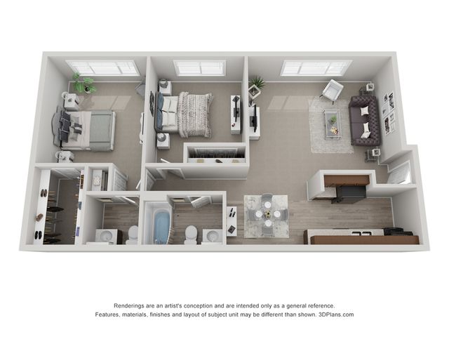 2 bedroom floor plan featuring 2 bedrooms, cozy living area, stylish kitchen, and 2 bathrooms, ideal for comfortable living.