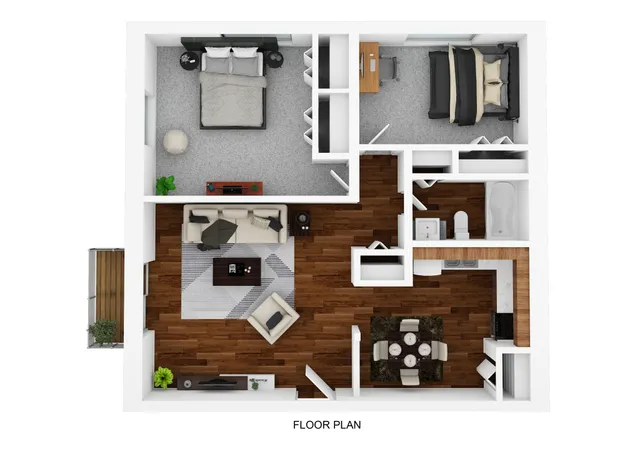 Modern floor plan showcasing 2 bedrooms, an inviting living room, and an open dining area, complemented by elegant hardwood floors and a private balcony.