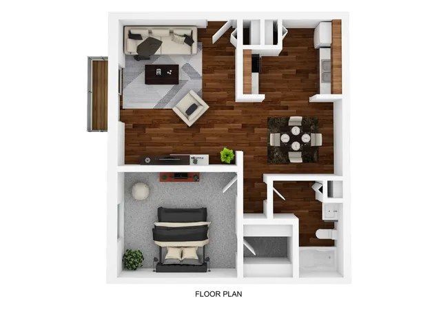 Modern 2D floor plan showcasing a sleek apartment with a cozy living room, spacious bedroom, elegant dining area, and a fully-equipped kitchen.