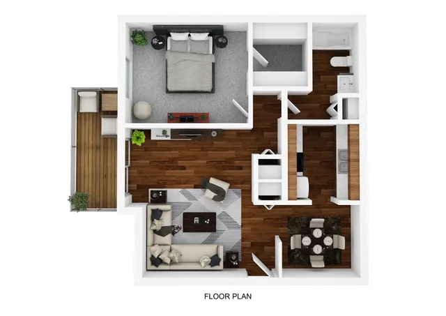 Contemporary floor plan showcasing a cozy bedroom, elegant living area, modern kitchen, and charming dining space, complemented by a private balcony.