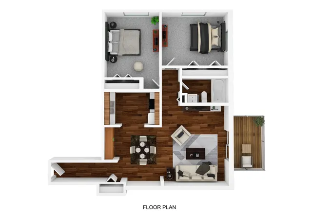 Inviting 2-bedroom apartment floor plan with a cozy living area, modern kitchen, and private balcony.