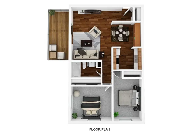 Modern floor plan showcasing 2 bedrooms, inviting living room with balcony, stylish dining area, and functional kitchen layout.