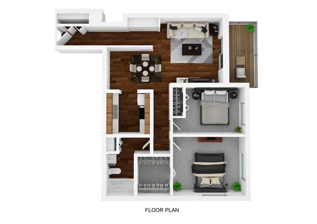 Elegant 3D floor plan featuring two cozy bedrooms, a modern living-dining area, sleek kitchen, stylish bathroom, and a private balcony with lush greenery.