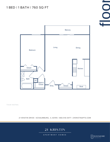 Modern 2D floor plan of a 1 bed, 1 bath apartment featuring a spacious living and dining area, kitchen with desk, and a private balcony in Schaumburg, IL, 760 sq ft.