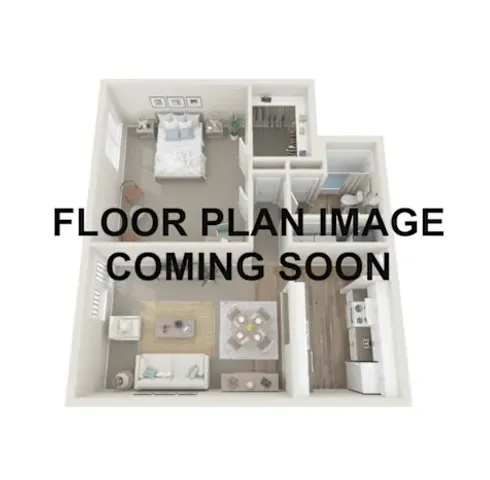 Modern 3D floor plan featuring a cozy bedroom, elegant bathroom, open-concept living and dining area, and a sleek kitchen.
