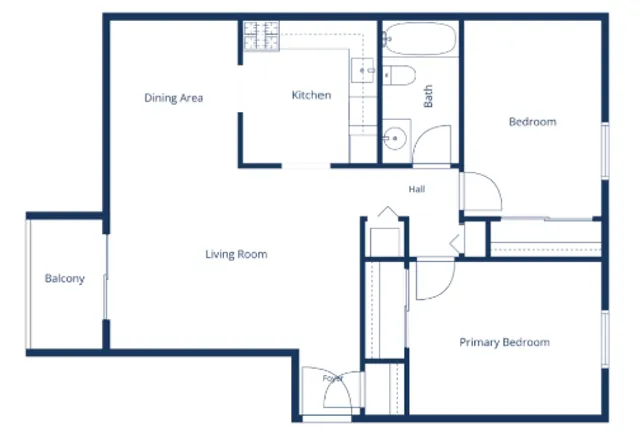 Elegant floor plan illustrating 2 bedrooms, a modern kitchen, and a spacious living room with a balcony.