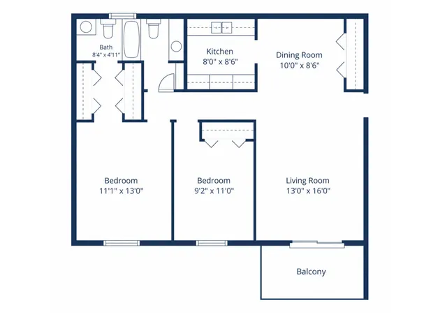 Elegant floor plan featuring 2 bedrooms, a modern kitchen, dining room, spacious living room, and private balcony.