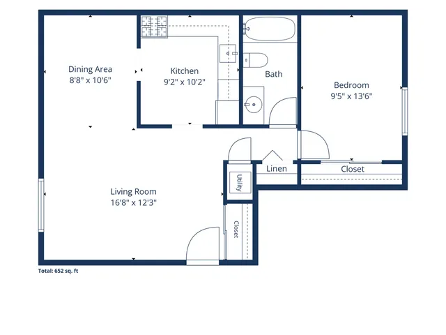 Contemporary 2D floor plan of a 652 sq ft apartment featuring a spacious living room, cozy dining area, efficient kitchen, large bedroom, and modern bath.