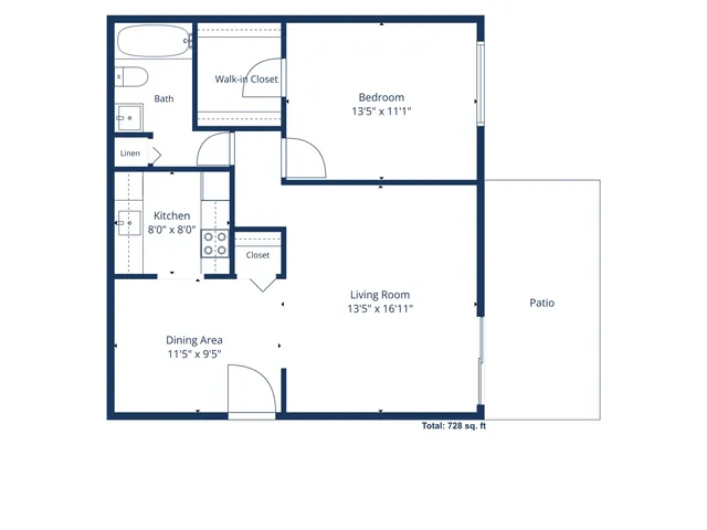 Charming 2D floor plan featuring a spacious bedroom, walk-in closet, modern kitchen, inviting living room, dining area, and a relaxing patio, totaling 728 sq ft.