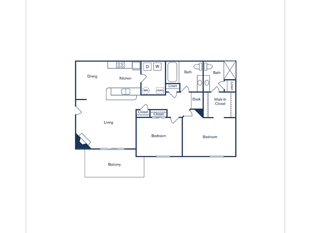 Elegant floor plan of Berkley Manor featuring 2 bedrooms, 2 baths, an open kitchen, spacious living area, and a balcony, covering 1,007 sq ft.