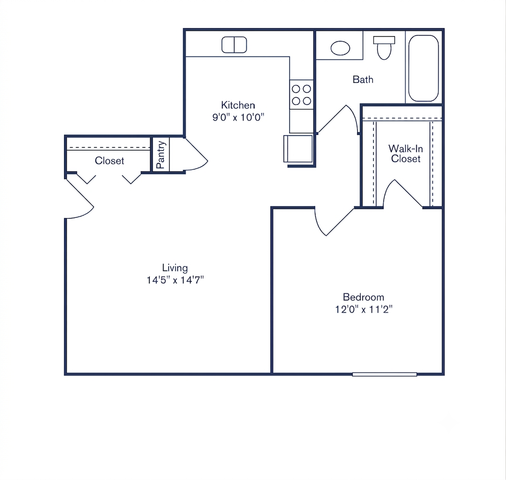 Modern 1-bedroom apartment floor plan featuring a spacious living room, fully-equipped kitchen, and a walk-in closet for ample storage.