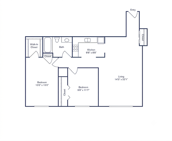 Modern 2D floor plan featuring 2 bedrooms, a spacious living area, and an efficient kitchen layout for comfortable living.