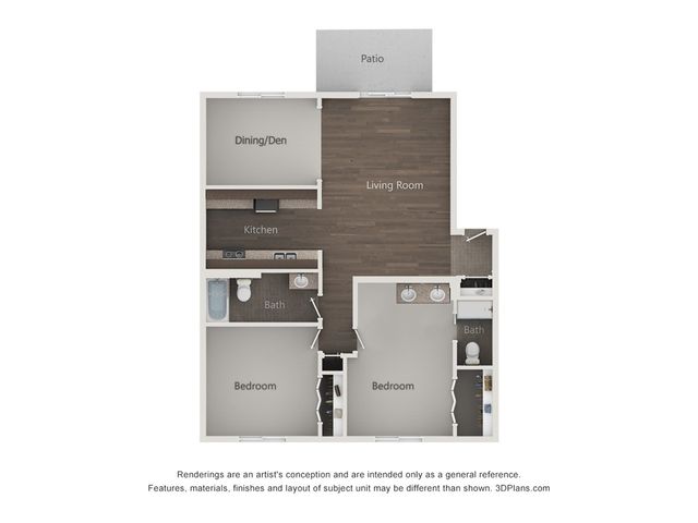 Modern 2-bedroom floor plan featuring an open living room, kitchen, dining area, and private patio.