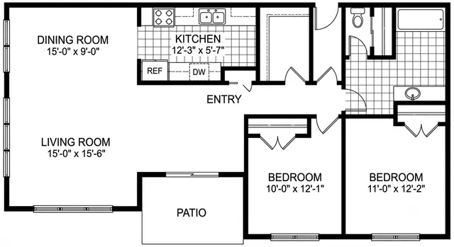 Sophisticated floor plan showcasing a spacious two-bedroom apartment with a large living room, separate dining area, modern kitchen, and an inviting patio.