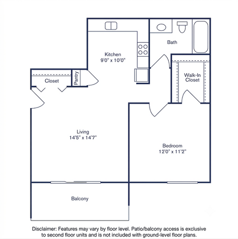 Modern floor plan featuring one-bedroom with walk-in closet, spacious living room, fully equipped kitchen, and inviting balcony.