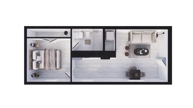 Chic 3D floor plan showcasing a modern 1-bedroom apartment with an elegant living area, cozy bedroom, and well-designed bathroom.