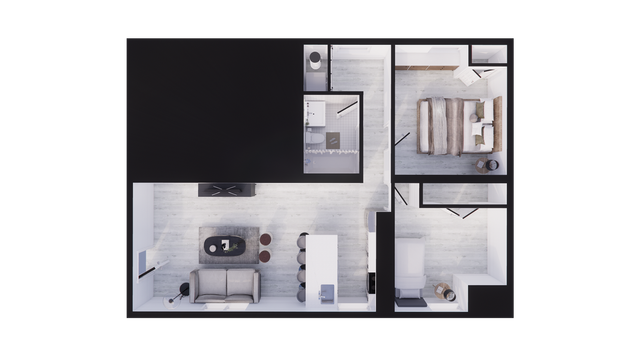 Modern apartment floor plan with a cozy bedroom, stylish living room, sleek kitchen, and compact bathroom layout.