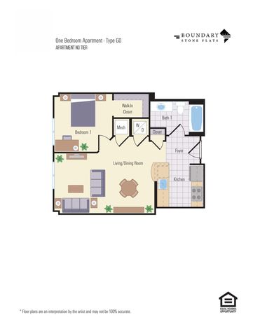 Modern one-bedroom apartment floor plan including an inviting living/dining area, fully equipped kitchen, and spacious walk-in closet.