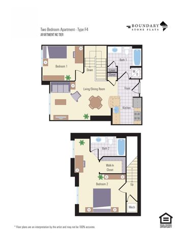 Chic two-story floor plan of Boundary Stone Flats, featuring 2 bedrooms, open living/dining area, modern kitchen, and 2 baths, including a walk-in closet for comfort and style.