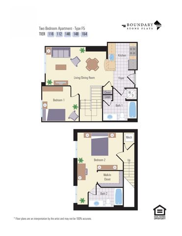 Inviting two-bedroom apartment floor plan, Type F5 at Boundary Stone Flats. Featuring an open living/dining area, modern kitchen, and two bathrooms with walk-in closets.