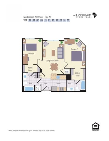 Elegant floor plan for Type A1 two-bedroom apartment at Boundary Stone Flats, showcasing a modern living/dining area, a stylish kitchen, and two luxurious bathrooms.