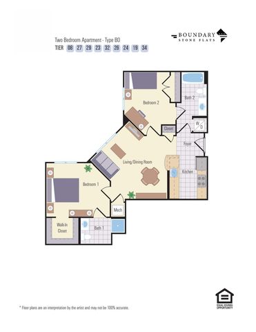 Modern two-bedroom apartment floor plan type B0 with spacious living/dining area, kitchen, two baths, and a walk-in closet at Boundary Stone Flats.