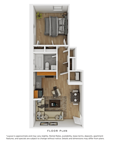Chic floor plan showcasing a cozy one-bedroom layout with a modern bathroom, inviting living area, and a sleek kitchen with dining space.
