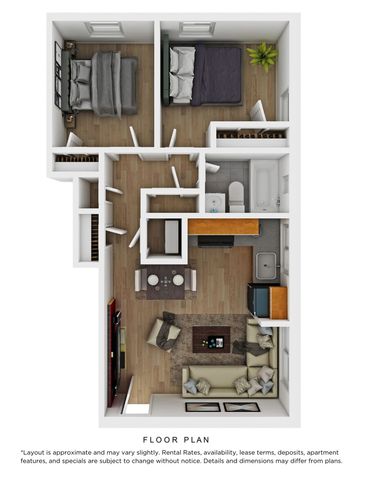 Contemporary floor plan featuring 2 cozy bedrooms, an inviting open-concept living area, and a modern kitchen.