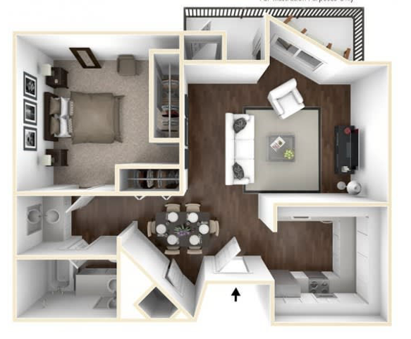 Modern 2D floor plan featuring a spacious bedroom, cozy living area, stylish kitchen, and elegant dining space.