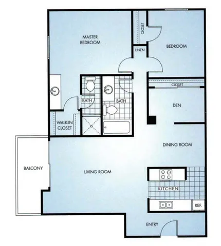 Elegant floor plan showcasing 2 bedrooms, a spacious living room with balcony, modern kitchen, and cozy den.