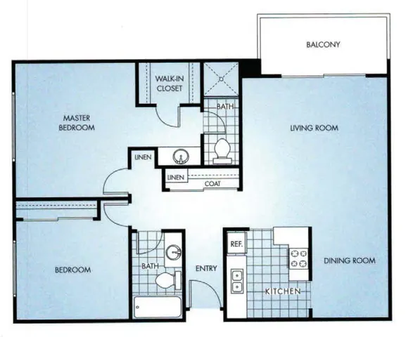 Modern 2-bedroom floor plan featuring a master suite with walk-in closet, spacious living room, and cozy kitchen with dining area, complete with a balcony.