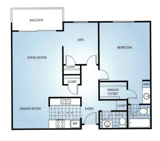 Spacious floor plan includes bedroom with walk-in closet, open living and dining area, modern kitchen, den, balcony, and two bathrooms.