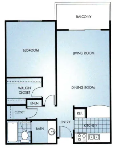 Inviting 2D floor plan showcasing a spacious one-bedroom apartment with a large living and dining area, modern kitchen, and private balcony, complete with a walk-in closet and cozy bath.