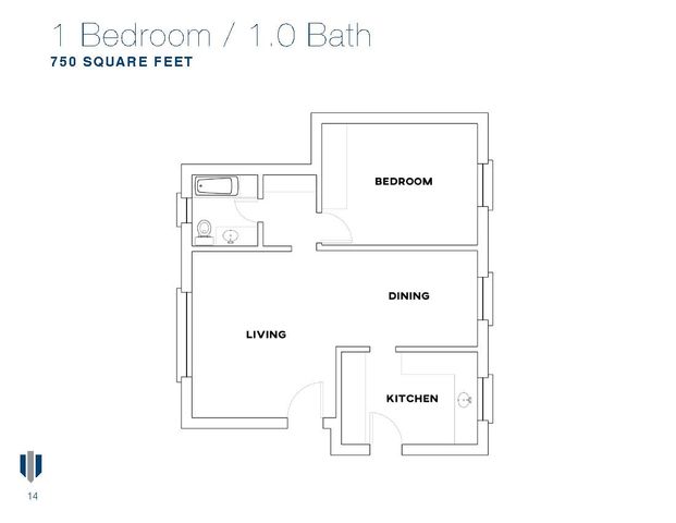 Modern floor plan of a 750 square feet apartment featuring 1 bedroom, 1 bath, open living and dining area, and a functional kitchen.
